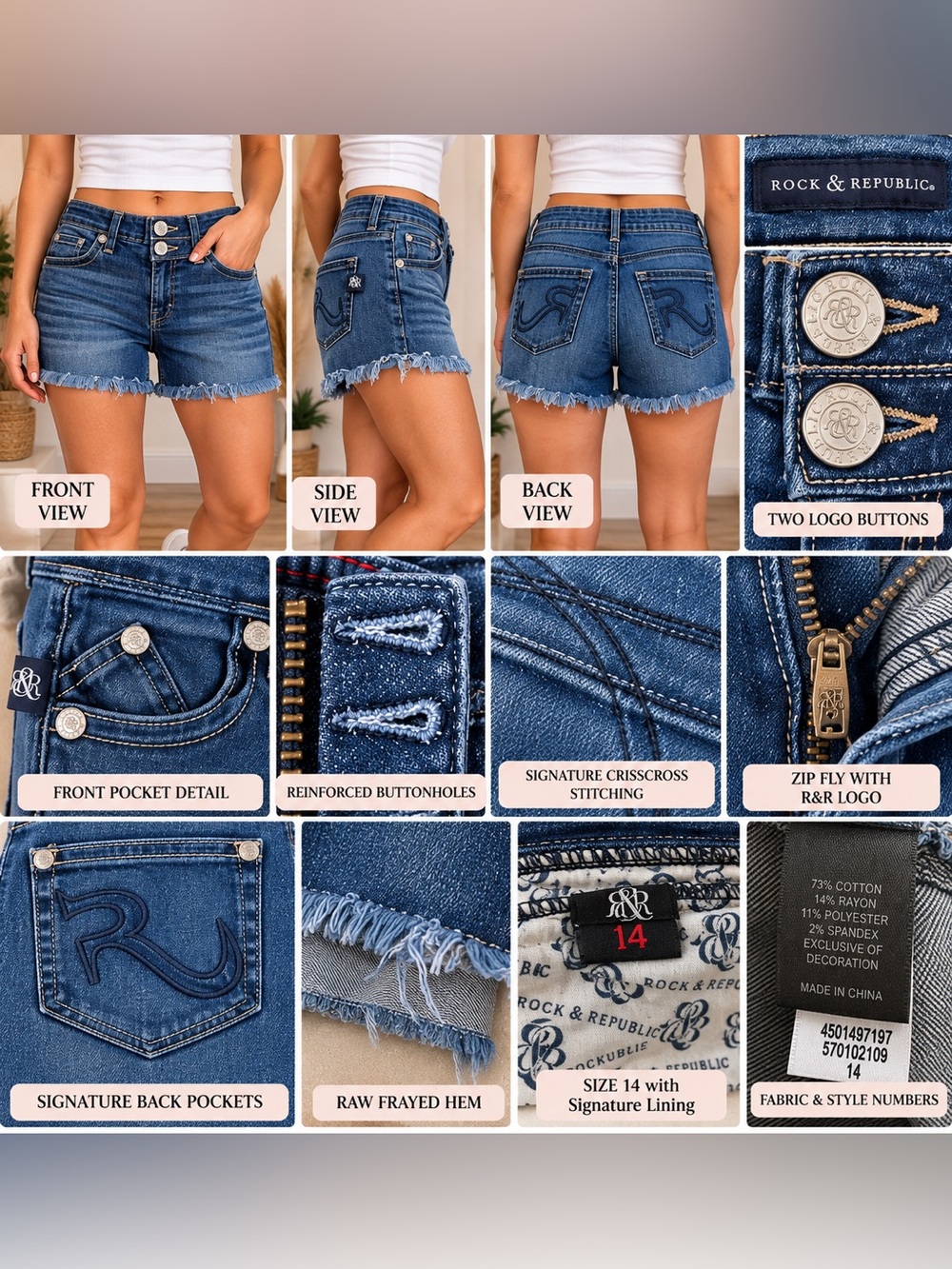 Rock & Republic Distressed Blue Denim Jeans with Embroidered R